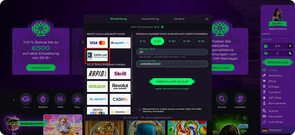 glitchspin casino handyrechnung